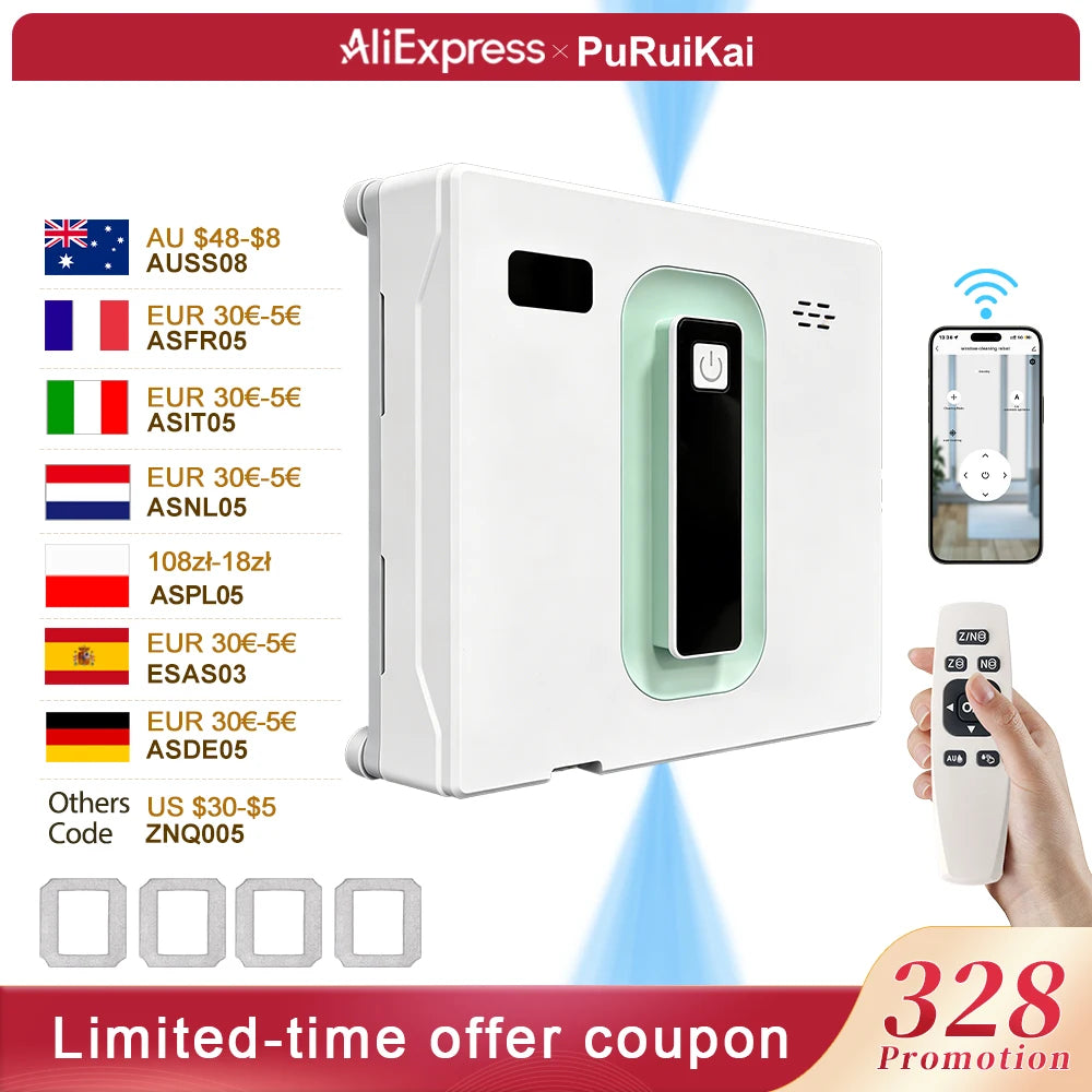 PuRuiKai Robot Electric Automatic Window Cleaning Robotic , With APP/Remote Control,With Voice Broadcast Two-way Automatic Spray